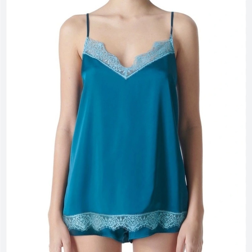 Simone Perele Cami Satin Secrets Top in Cyan Blue Lace Paris Shirt Sz S NEW